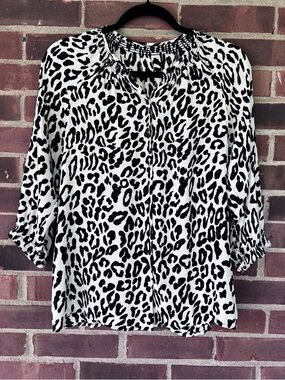 Women’s Leopard Print Blouse 3/4 Sleeve Button Front Black White Top Size Small